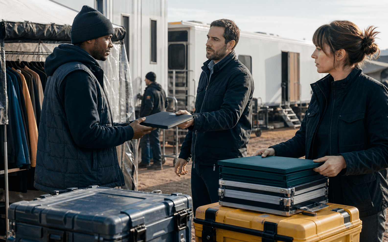 Production worker receiving a closed portfolio from two administrators at basecamp