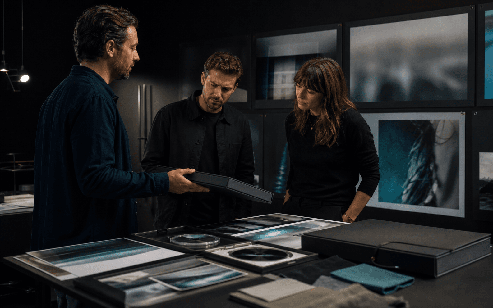 Creative specialist presenting physical media and mounted artwork in a review room