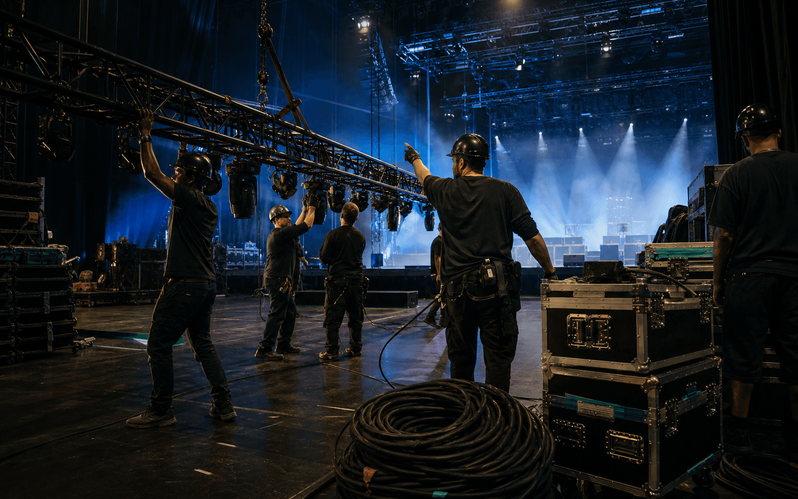 Venue crew coordinating a lighting truss during stage load-in