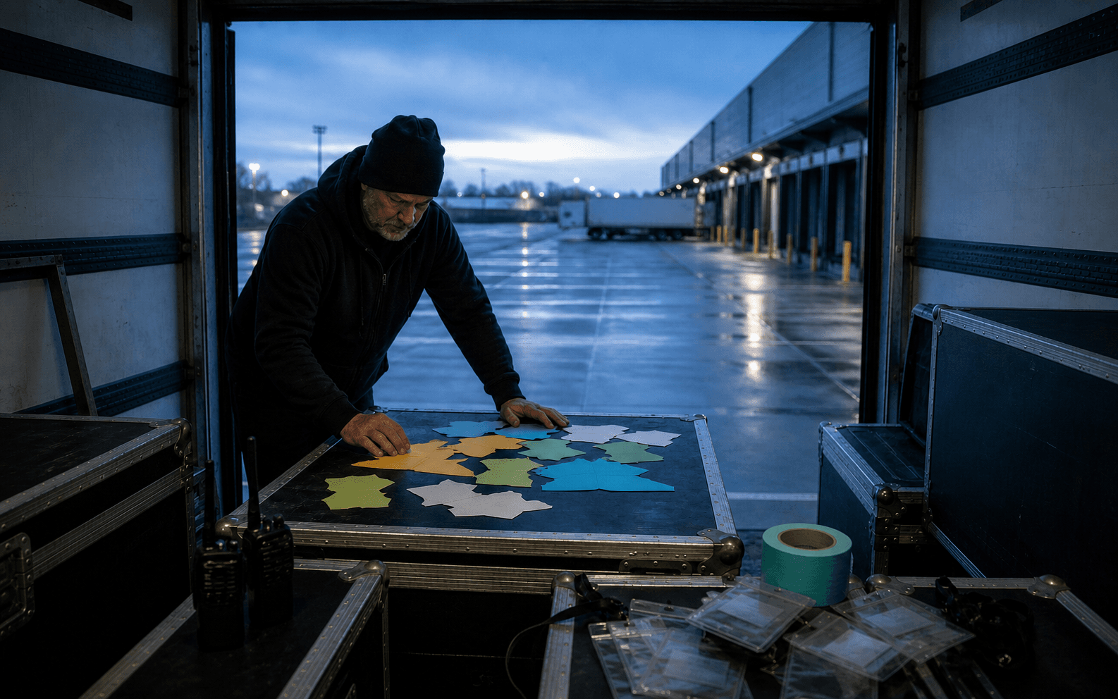 Tour manager arranging abstract route cards among radios and road cases inside a truck