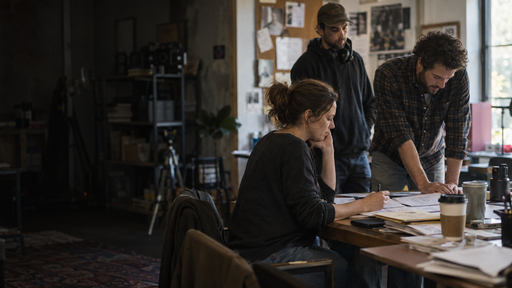 Three production colleagues reviewing papers at a sunlit office table