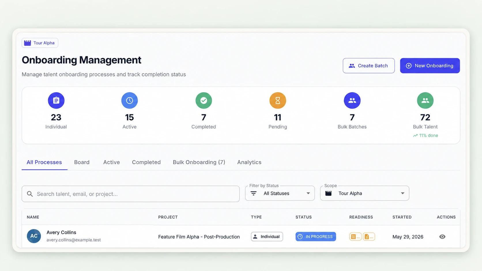 UPP onboarding management showing individual and batch progress, status filters, and a worker readiness row